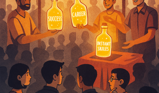 Street vendors in a crowded marketplace selling glowing bottles labeled ‘Success’ and ‘Career.’ The bottles look enticing but are empty inside, symbolizing the illusion of transactional career promises.