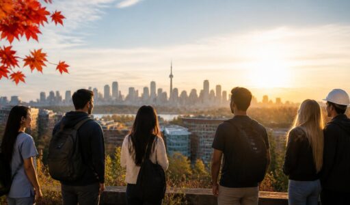 Diverse group of college students stand together on a hill at sunrise, looking out over a Canadian city skyline, with warm golden light and autumn leaves framing the scene.