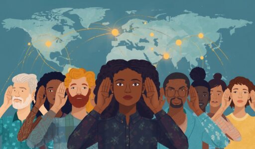 A diverse group of people from different continents are shown with hands cupped to their ears, symbolizing listening and communication, set against a backdrop of a stylized world map with subtle, interconnected glowing lines representing global connections.