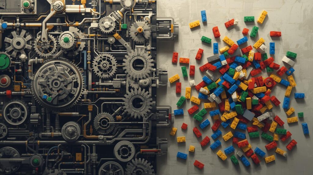A split image showing a complex, gear‑driven machine built from LEGO pieces on one side, and a scattered pile of loose LEGO bricks on the other, highlighting the contrast between unassembled parts and a precise, engineered system.