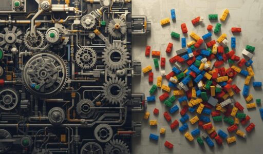A split image showing a complex, gear‑driven machine built from LEGO pieces on one side, and a scattered pile of loose LEGO bricks on the other, highlighting the contrast between unassembled parts and a precise, engineered system.