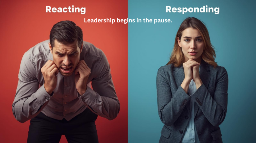 Split-screen image contrasting emotional responses: Left side shows a tense man labeled “Reacting” against a red background; Right side shows a calm woman labeled “Responding” against a blue background; Centered text reads “Leadership begins in the pause.