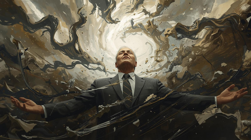A composed man in a suit stands with arms outstretched at the center of swirling chaos, looking upward as cosmic energy converges around him. The contrast between his calm posture and the turbulent surroundings symbolizes leadership through presence, showing how steadiness can anchor others in times of disruption.