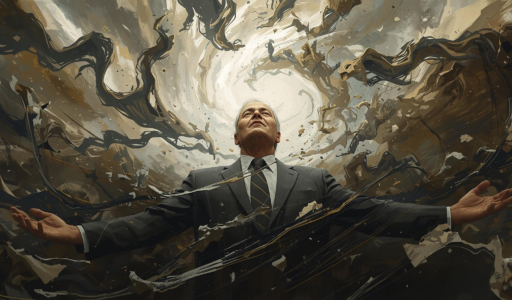 A composed man in a suit stands with arms outstretched at the center of swirling chaos, looking upward as cosmic energy converges around him. The contrast between his calm posture and the turbulent surroundings symbolizes leadership through presence, showing how steadiness can anchor others in times of disruption.