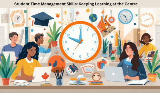 Illustration titled ‘Student Time Management Skills: Keeping Learning at the Centre,’ showing diverse students engaged in study around a central clock. Educational symbols—books, graduation cap, globe, microscope, basketball, rocket—surround the clock, representing priorities, commitments, and reflection. The scene evokes focus, inclusion, and the rhythm of intentional learning.