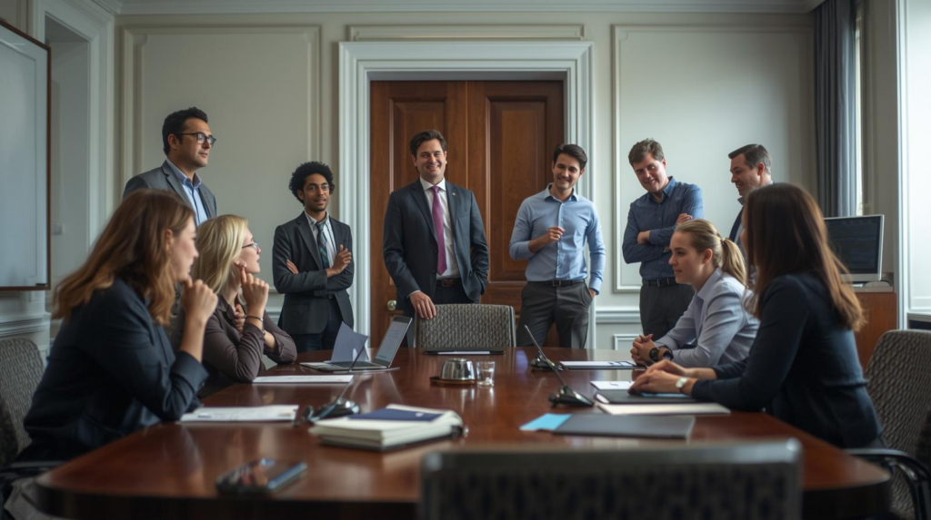 The image portrays a professional and engaged Advisory Circle meeting, highlighting a group of dedicated individuals in business attire collaborating in a formal setting. The atmosphere conveys seriousness, clarity, and ethical leadership, reflecting the Circle’s commitment to guiding wvARC’s direction with integrity and thoughtful stewardship. This visual underscores the Circle’s role as a trusted, collaborative body focused on ethical reflection and strategic renewal.