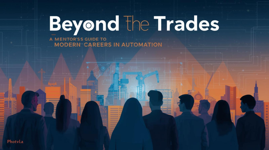 Silhouetted people looking toward a modern industrial skyline with cranes, robotic arms, and digital schematics, symbolizing the shift from traditional trades to automation‑driven careers.