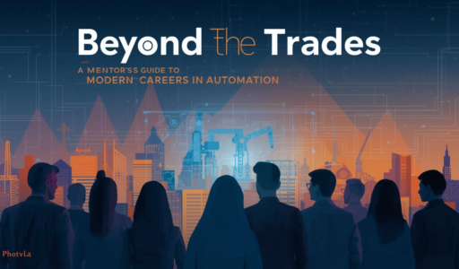 Silhouetted people looking toward a modern industrial skyline with cranes, robotic arms, and digital schematics, symbolizing the shift from traditional trades to automation‑driven careers.