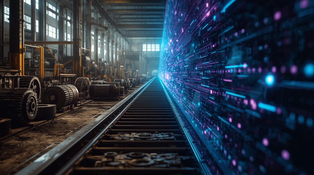 A factory interior with large mechanical gears and equipment on the left transitions into a futuristic digital wall of glowing blue and purple lights on the right. A railway track runs between the two environments, symbolizing the connection between traditional industrial machinery and modern digital technology.