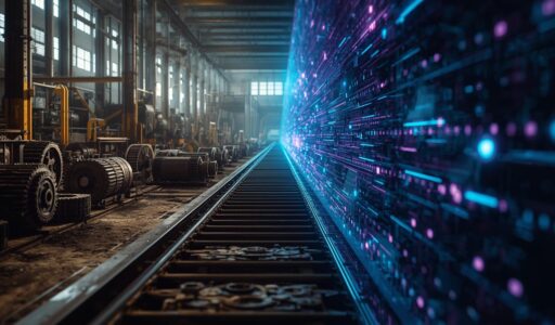 A factory interior with large mechanical gears and equipment on the left transitions into a futuristic digital wall of glowing blue and purple lights on the right. A railway track runs between the two environments, symbolizing the connection between traditional industrial machinery and modern digital technology.