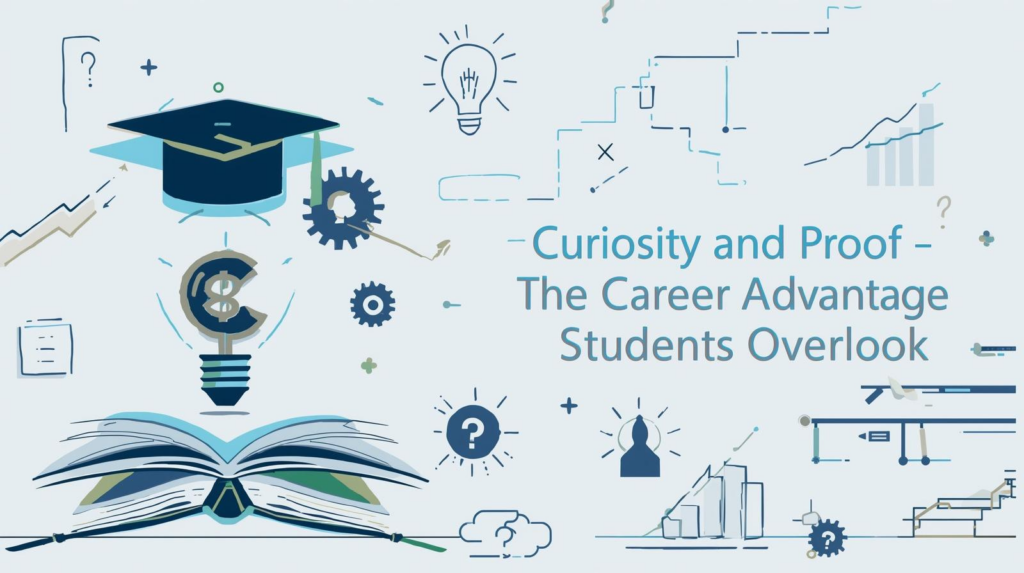 A graphic featuring a lightbulb, gears, charts, a graduation cap, and question‑mark icons, visually representing curiosity and proof as key elements of student career development. The central text reads “Curiosity and Proof – The Career Advantage Students Overlook.