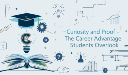 A graphic featuring a lightbulb, gears, charts, a graduation cap, and question‑mark icons, visually representing curiosity and proof as key elements of student career development. The central text reads “Curiosity and Proof – The Career Advantage Students Overlook.