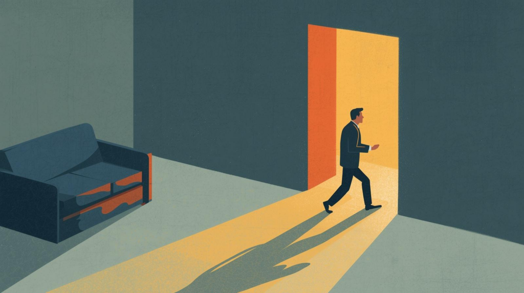 A man leaves a dimly lit room and steps toward a doorway filled with warm light, symbolizing a move out of comfort and into new opportunity.