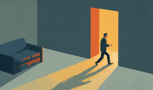A man leaves a dimly lit room and steps toward a doorway filled with warm light, symbolizing a move out of comfort and into new opportunity.