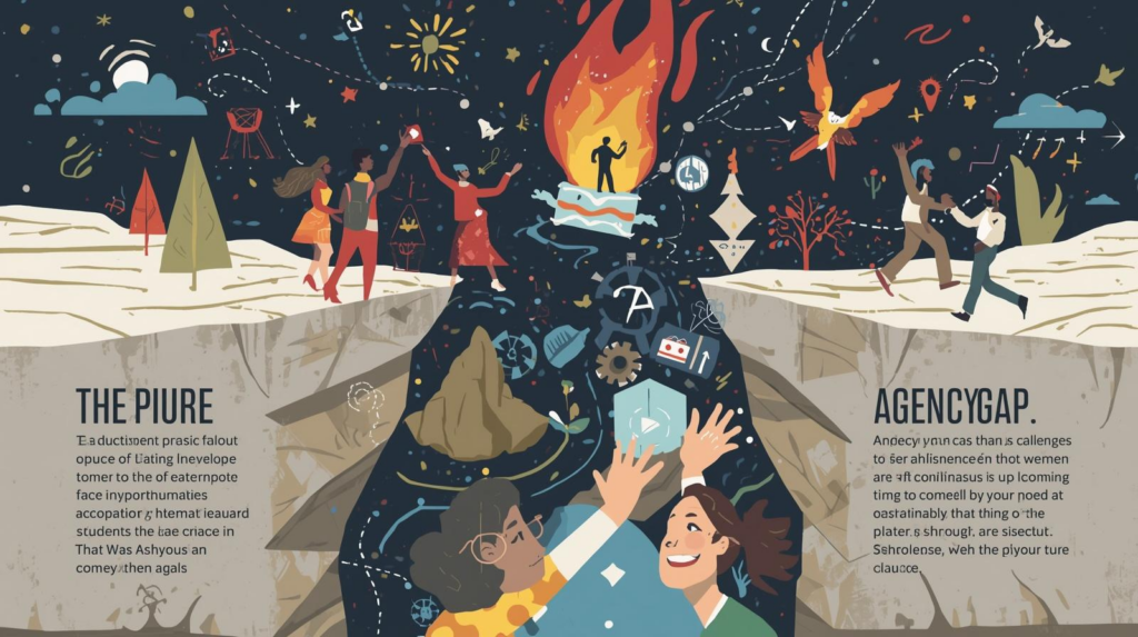 An illustration of two groups of people standing on opposite sides of a wide gap, reaching toward each other. In the center, a lone figure stands on a small floating platform above a fiery chasm, surrounded by symbols of learning, science, and exploration. The scene suggests students navigating challenges, some climbing upward, some reaching across, and some caught between paths.
