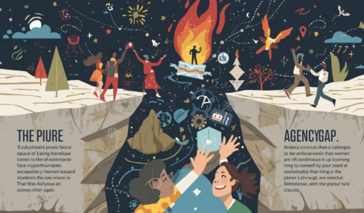 An illustration of two groups of people standing on opposite sides of a wide gap, reaching toward each other. In the center, a lone figure stands on a small floating platform above a fiery chasm, surrounded by symbols of learning, science, and exploration. The scene suggests students navigating challenges, some climbing upward, some reaching across, and some caught between paths.