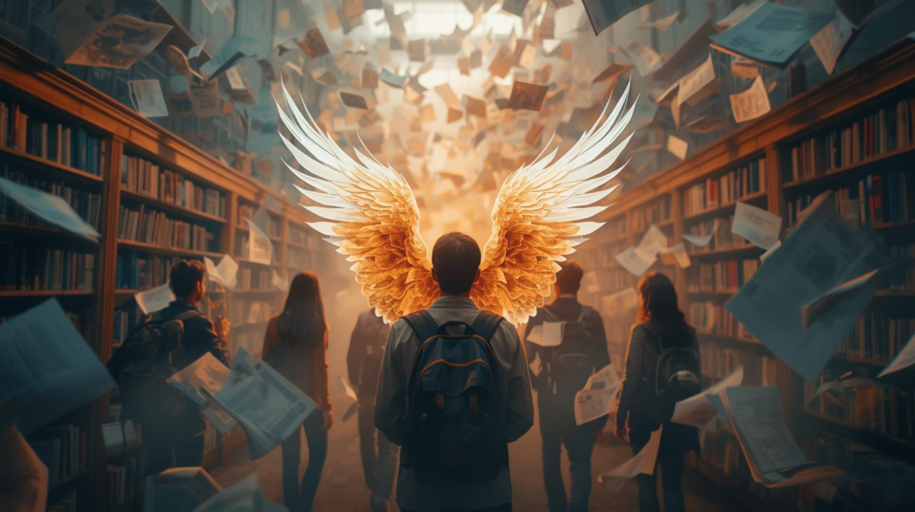A group of students walk through a library as pages swirl around them. One student at the center has glowing golden wings, symbolizing confidence and transformation. Text on the image reads: ‘Students don’t grow wings because of grades. The power of two turns effort into lift.