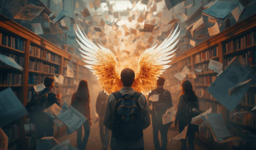 A group of students walk through a library as pages swirl around them. One student at the center has glowing golden wings, symbolizing confidence and transformation. Text on the image reads: ‘Students don’t grow wings because of grades. The power of two turns effort into lift.