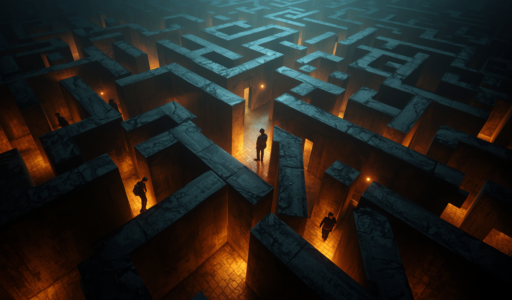 A warm, glowing maze seen from above, with individuals carrying small lights as they navigate its confusing pathways — a visual metaphor for students trying to find their way through a complex system.