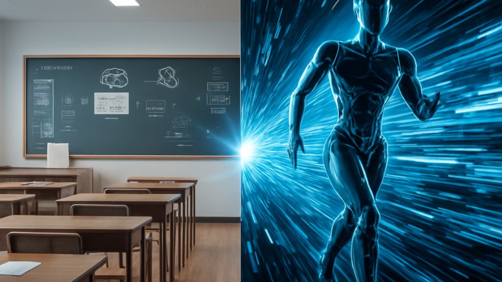 A split image showing a traditional classroom on the left with wooden desks, open books, and a chalkboard filled with sketches, contrasted with a futuristic scene on the right where a humanoid robot runs through a tunnel of blue digital light. The two halves symbolize the transition from conventional education to rapidly advancing technology.