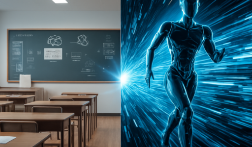 A split image showing a traditional classroom on the left with wooden desks, open books, and a chalkboard filled with sketches, contrasted with a futuristic scene on the right where a humanoid robot runs through a tunnel of blue digital light. The two halves symbolize the transition from conventional education to rapidly advancing technology.
