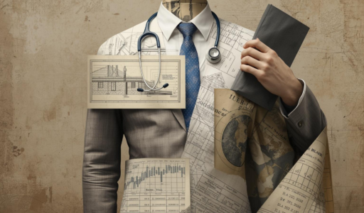 A person wearing a suit stands against a textured background, but the suit is constructed from layered papers featuring architectural blueprints, charts, maps, and diagrams. A stethoscope hangs around their neck, and they hold a dark folder in one hand. The figure appears professional at first glance, but the mismatched symbols of multiple disciplines create an ambiguous, collage‑like impression of expertise.