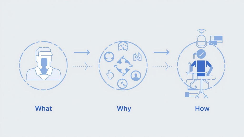 A three‑panel conceptual diagram labeled ‘What,’ ‘Why,’ and ‘How.’ The ‘What’ panel shows a simple human outline representing the subject or focus. The ‘Why’ panel contains icons such as a handshake, clock, puzzle piece, and document, symbolizing purpose, reasoning, and motivation. The ‘How’ panel shows a person at a desk with a computer and headset, representing the method or process of carrying out the work.