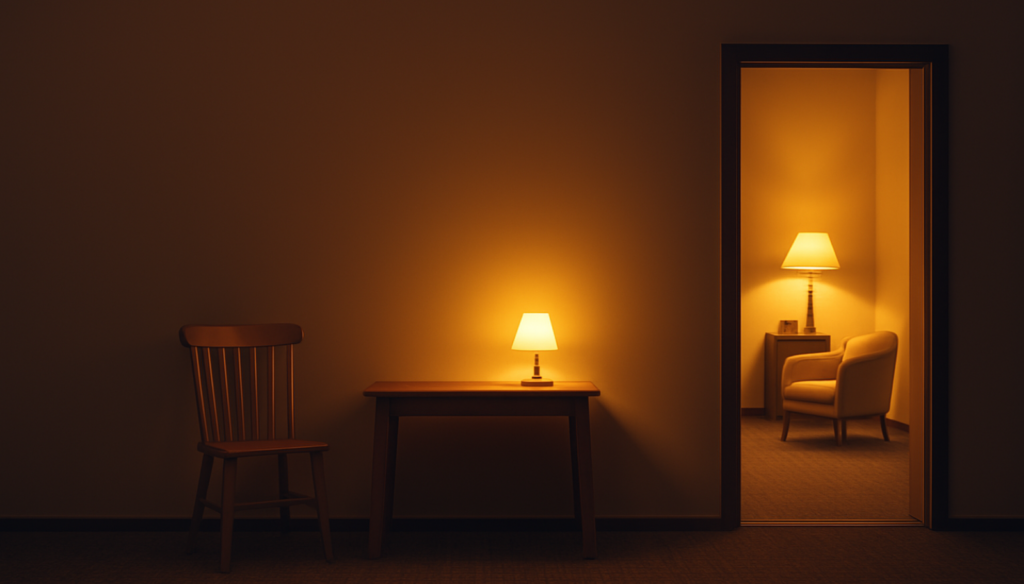 A warmly lit room with a wooden chair and table against a beige wall. A small lamp casts a soft yellow glow, and an open doorway reveals a second room with similar furniture and lighting. Text on the wall reads, ‘If you’re feeling lost in the trades right now… you’re not alone.’