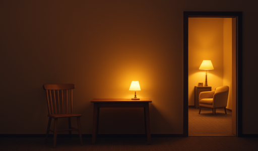 A warmly lit room with a wooden chair and table against a beige wall. A small lamp casts a soft yellow glow, and an open doorway reveals a second room with similar furniture and lighting. Text on the wall reads, ‘If you’re feeling lost in the trades right now… you’re not alone.’