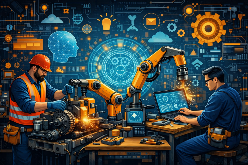 A tradesman and a technician work side by side in a modern workshop that blends traditional tools with advanced technology. The tradesman adjusts a mechanical machine while a robotic arm operates nearby. The technician uses a laptop and tablet showing digital schematics. A glowing holographic interface connects gears, circuits, and human‑shaped icons in the background, symbolizing collaboration between skilled trades and emerging tech.
