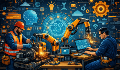 A tradesman and a technician work side by side in a modern workshop that blends traditional tools with advanced technology. The tradesman adjusts a mechanical machine while a robotic arm operates nearby. The technician uses a laptop and tablet showing digital schematics. A glowing holographic interface connects gears, circuits, and human‑shaped icons in the background, symbolizing collaboration between skilled trades and emerging tech.
