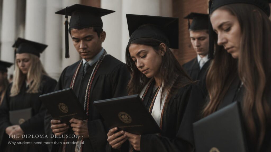 A group of graduates in caps and gowns stand in front of a columned building, looking down at their diplomas — reflecting the gap between graduation and real‑world opportunity.