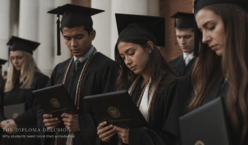 A group of graduates in caps and gowns stand in front of a columned building, looking down at their diplomas — reflecting the gap between graduation and real‑world opportunity.