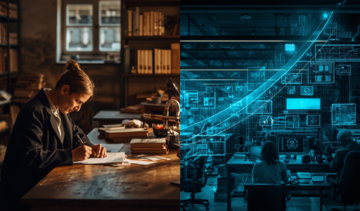 “A split image showing two contrasting work environments: on the left, a person studies at a wooden desk in a warm, book‑filled room with natural light; on the right, two people work at computer stations surrounded by blue digital interfaces, holographic charts, and data displays.”