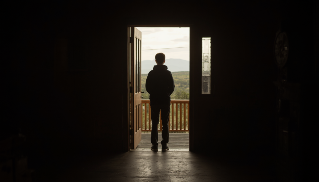 A person stands silhouetted in a doorway, looking out onto a wooden deck and a distant landscape of green hills and mountains under a cloudy sky.