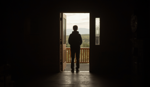 A person stands silhouetted in a doorway, looking out onto a wooden deck and a distant landscape of green hills and mountains under a cloudy sky.