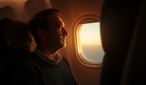 A person sits quietly on an airplane, looking out the window as warm sunlight fills the cabin, creating a calm moment of reflection.